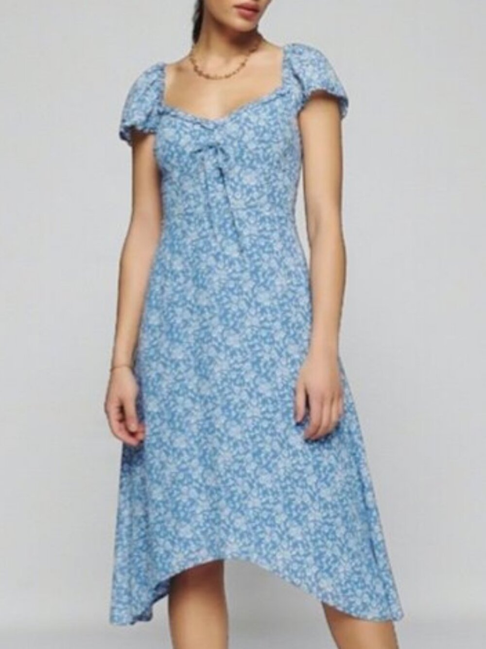 Reformation Marby Dress Blue Floral Asymmetrical Midi Puff Sleeve Size 6 - Picture 2 of 15